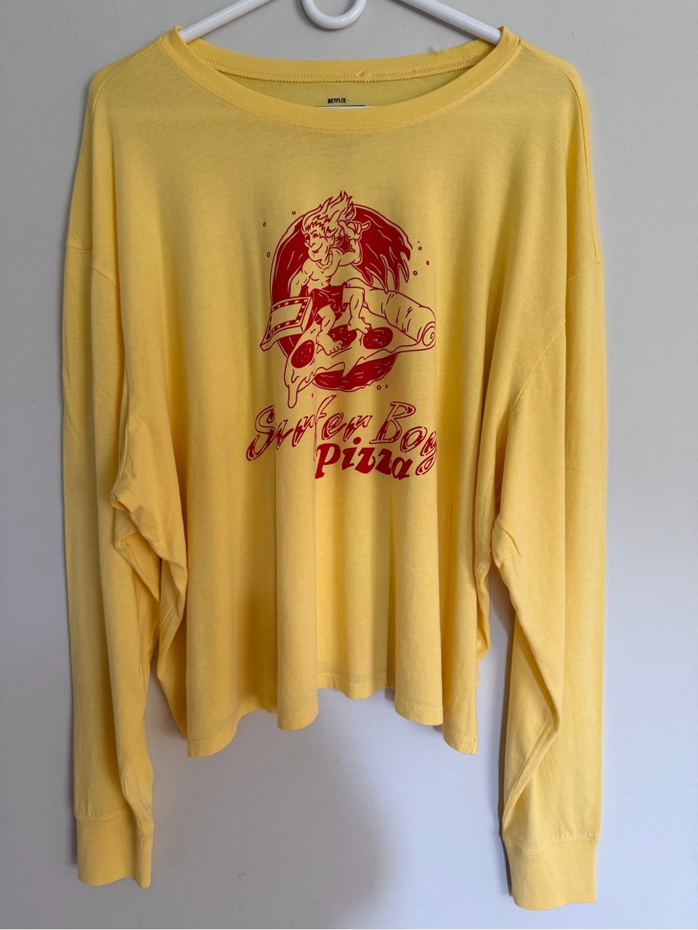 NWOT Stranger Things Surfer Boy Pizza Long Sleeve Yellow Shirt Netflix Unisex 2X
